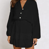 Ruffled Notched Balloon Sleeve Mini Dress
