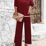 Contrast Trim Round Neck Top and Pants Set