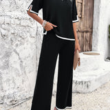 Contrast Trim Round Neck Top and Pants Set