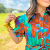 Brushed Prints Puff Sleeve Shirt Dress- Multi