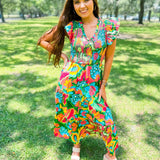 Lanai Multi Tropics Sunfire Smocked Bodice Tiered Midi Dress