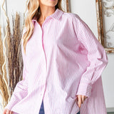 First Love Full Size Striped Button Down High-Low Hem Shirt