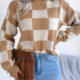 Checkered Mock Neck Long Sleeve Sweater