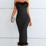 Feather Trim Strapless Sweetheart Neck Dress