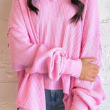 Waffle-Knit V-Neck Long Sleeve Blouse