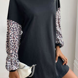 Perfee Leopard Print Sleeve Sweatshirt Dress