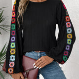 Embroidered Round Neck Long Sleeve Blouse