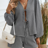 Tied Long Sleeve Top and Shorts Set