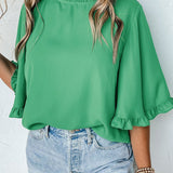 Frill Round Neck Wide Half Sleeve Blouse