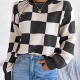 Checkered Mock Neck Long Sleeve Sweater