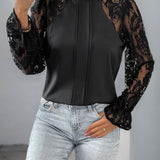 Perfee Mock Neck Lace Long Sleeve Blouse