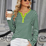 Striped Notched Long Sleeve T-Shirt