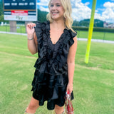 Satin Ruffle Smock Dress- Black