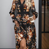 Printed Notched Long Sleeve Midi Dress