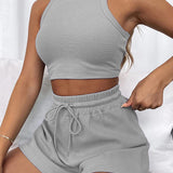 Round Neck Top and Drawstring Shorts Set