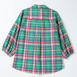 Plaid Collared Neck Three-Quarter Sleeve Blouse