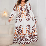 Plus Size Printed Surplice Flounce Sleeve Dress