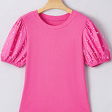 Pearl Detail Round Neck Puff Sleeve Blouse