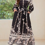Printed Round Neck Long Sleeve Maxi Dress with Pockets