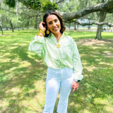 Seersucker Stripe Pocket Bubble Button Up Top- Green