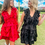 Satin Ruffle Smock Dress- Black