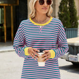 Slit Striped Round Neck Long Sleeve Sweatshirt