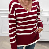 Striped V-Neck Long Sleeve Knit Top