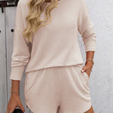 Double Take Round Neck Long Sleeve Top and Shorts Set