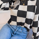 Checkered Mock Neck Long Sleeve Sweater