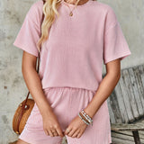 Textured Round Neck Short Sleeve Top and Shorts Set