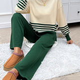 Devine Slit Striped Round Neck Top and Pants Sweater Set