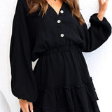 Ruffled Notched Balloon Sleeve Mini Dress
