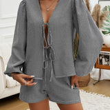 Tied Long Sleeve Top and Shorts Set