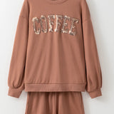 COFFEE Sequin Round Neck Long Sleeve Top and Shorts Set