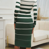 Color Block Round Neck Long Sleeve Midi Dress