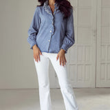 Frill Button Up Long Sleeve Denim Top