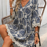Lace Detail Printed V-Neck Mini Dress