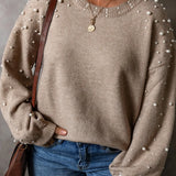 Plus Size Pearl Detail Round Neck Long Sleeve Sweater