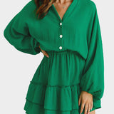 Ruffled Notched Balloon Sleeve Mini Dress