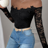 Perfee Lace Off-Shoulder Long Sleeve Bodysuit