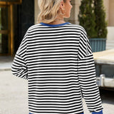 Slit Striped Round Neck Long Sleeve Sweatshirt