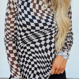 Checkered Mock Neck Long Sleeve Blouse