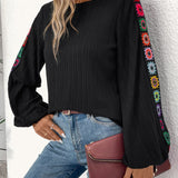 Embroidered Round Neck Long Sleeve Blouse