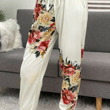 Shiny Printed Round Neck Top and Pants Lounge Set