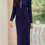 Quarter Button Long Sleeve Midi Dress