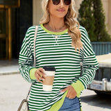 Slit Striped Round Neck Long Sleeve Sweatshirt