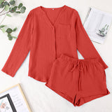 Notched Long Sleeve Top and Shorts Set