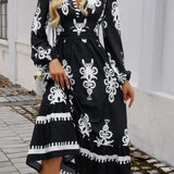 Ruffled Printed Plunge Long Sleeve Dress