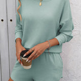 Double Take Round Neck Long Sleeve Top and Shorts Set