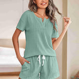 Notched Short Sleeve Top and Shorts Set